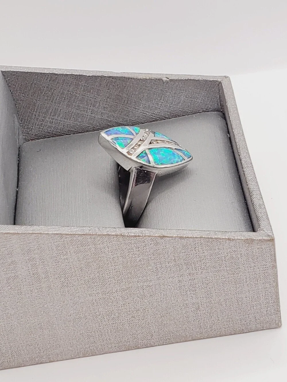925 Sterling Silver Blue-Green Opal Marquise Ring